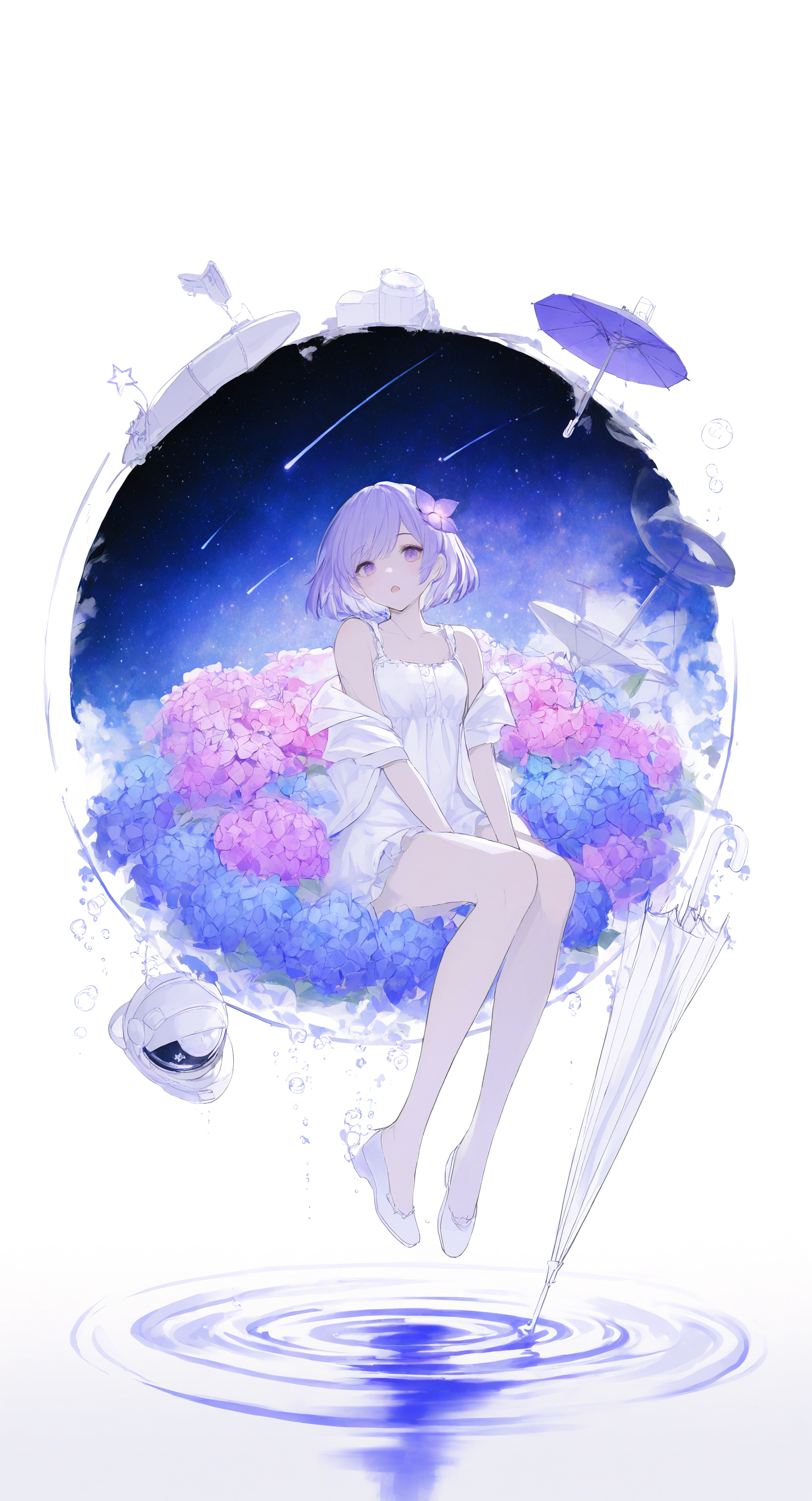 masterpiece, best quality, good quality, very aesthetic, absurdres, newest,1girl, bare legs, blue flower, bubble, double exposure, dress, flower, frilled dress, frills, full body, hair flower, hair ornament, helmet, hydrangea, in umbrella, looking at viewer, off shoulder, open clothes, open mouth, open shirt, partially colored, pink flower, purple eyes, purple flower, ripples, satellite dish, shoes, shooting star, short dress, short hair, short sleeves, sitting, sleeveless, sleeveless dress, solo, space, space helmet, star (symbol), umbrella, umbrella flower, umbrella riding, white background <lora:ponyv5_noobV065S_1_adamW-000013:0.7> <lora:USNR_STYLE_XL_lokr:0.45> <lora:748cmSDXL:0.4>