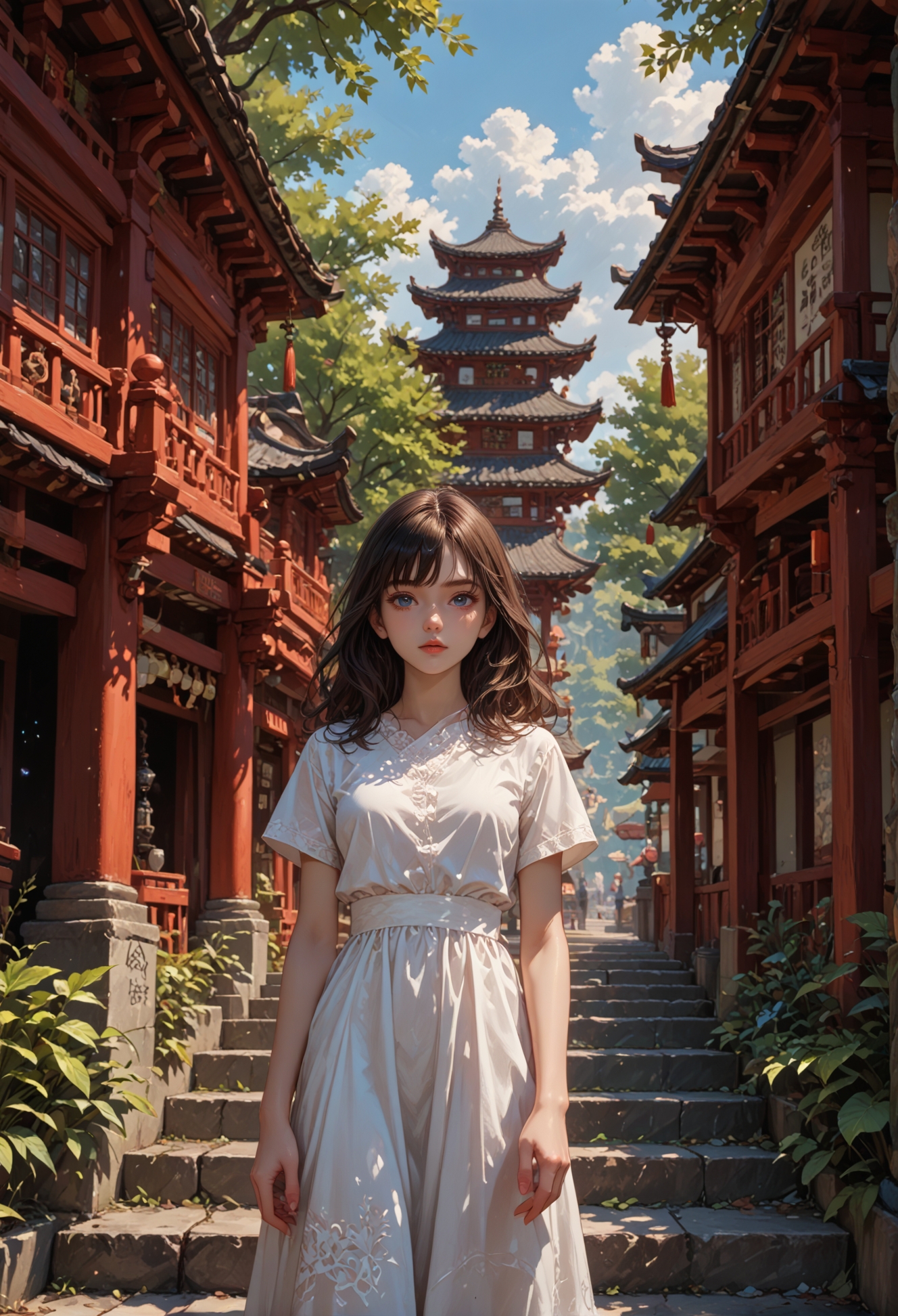 score_9,score_8_up,score_7_up,embedding:zPDXL2, masterpiece,best quality,highly detailed,detailed background, film grain,colorful,Expressiveh,Cinematic Lighting, th3rm4l,colorful, , 1girl, solo, long hair, looking at viewer, bangs, blue eyes, black hair, dress, standing, short sleeves, outdoors, signature, white dress, tree, floating hair, plant, scenery, blue theme, stairs, architecture, wide shot, east asian architecture, closed umbrella, shrine, stone lantern<lora:增强\(收藏)\sdxl_lightning_8step_lora.safetensors:1.0:1.0> <lora:增强\(收藏)\Expressive_H-000001.safetensors:0.4:0.4> <lora:增强\(收藏)\Hands XL 4.safetensors:1.0:1.0> <lora:增强\(收藏)\glowneon_xl_v1.safetensors:0.5:0.5> <lora:extremely detailed (no trigger).safetensors:0.7000000000000001:0.7000000000000001> <lora:Vixon\(收藏)\Vixon's Pony Styles Thermal.safetensors:0.4:0.4> <lora:增强\(收藏)\sinfully_stylish_SDXL.safetensors:0.4:0.4>