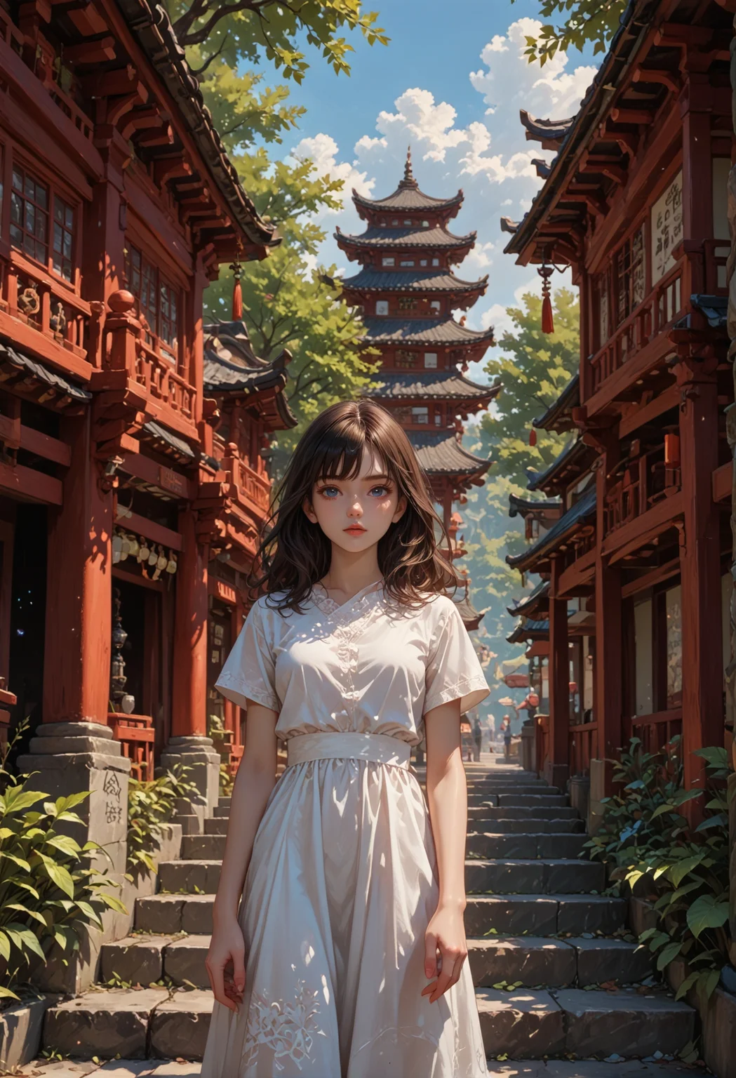 score_9,score_8_up,score_7_up,embedding:zPDXL2, masterpiece,best quality,highly detailed,detailed background, film grain,colorful,Expressiveh,Cinematic Lighting, th3rm4l,colorful, , 1girl, solo, long hair, looking at viewer, bangs, blue eyes, black hair, dress, standing, short sleeves, outdoors, signature, white dress, tree, floating hair, plant, scenery, blue theme, stairs, architecture, wide shot, east asian architecture, closed umbrella, shrine, stone lantern<lora:增强\(收藏)\sdxl_lightning_8step_lora.safetensors:1.0:1.0> <lora:增强\(收藏)\Expressive_H-000001.safetensors:0.4:0.4> <lora:增强\(收藏)\Hands XL 4.safetensors:1.0:1.0> <lora:增强\(收藏)\glowneon_xl_v1.safetensors:0.5:0.5> <lora:extremely detailed (no trigger).safetensors:0.7000000000000001:0.7000000000000001> <lora:Vixon\(收藏)\Vixon's Pony Styles Thermal.safetensors:0.4:0.4> <lora:增强\(收藏)\sinfully_stylish_SDXL.safetensors:0.4:0.4>