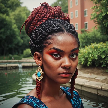 score_9, score_8_up, score_7_up, score_6_up, score_5_up, score_4_up, a highly detailed painting, 1 woman, black woman, dark skin, (multicolor box braids, dark red box braids, thick box braids, updo), makeup, fingernails, earrings, jewelry, high angle, beautiful embroidered dress, sunny day at the park, bridge over a pond, one eyebrow raised high, curious expression<lora:Pony_XL_Colorful_Box_Braids> <lora:Black_Woman_v3-000006> <lora:detailed_notrigger>