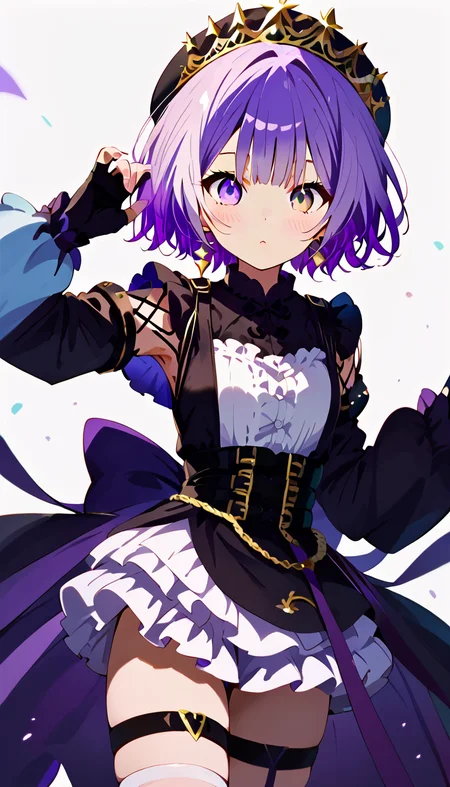 score_8_up,score_7_up,score_6_up,score_9,score_8_up,score_7,masterpiece,best quality,source_anime,blush,<lora:pony卿¼«ç»é£äºAmaiAnimePony:0.8>,<lora:Expressive_H:1>, <lora:Pony_Loné
±ç¬¬äºå¥:0.8>,1girl,short hair,purple eyes, purple hair,black dress,dress,long sleeves,bangs,black headwear,hat,heterochromia,white thighhighs,multicolored hair,thigh strap,detached sleeves,gloves,jewelry,black gloves,earrings,fingerless gloves,frills,puffy long sleeves,beret,black footwear,crown,gradient hair,((white background)), cowboy shot,