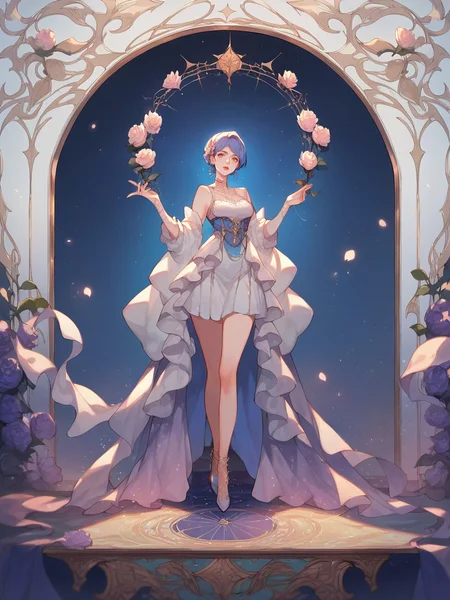 source_anime, score_9, score_8_up, score_7_up, score_6_up, score_5_up,  <lora:rdjXLP:0.8> rdj, light particles, 1girl, night sky, high heels, curvy, flower, tarot,