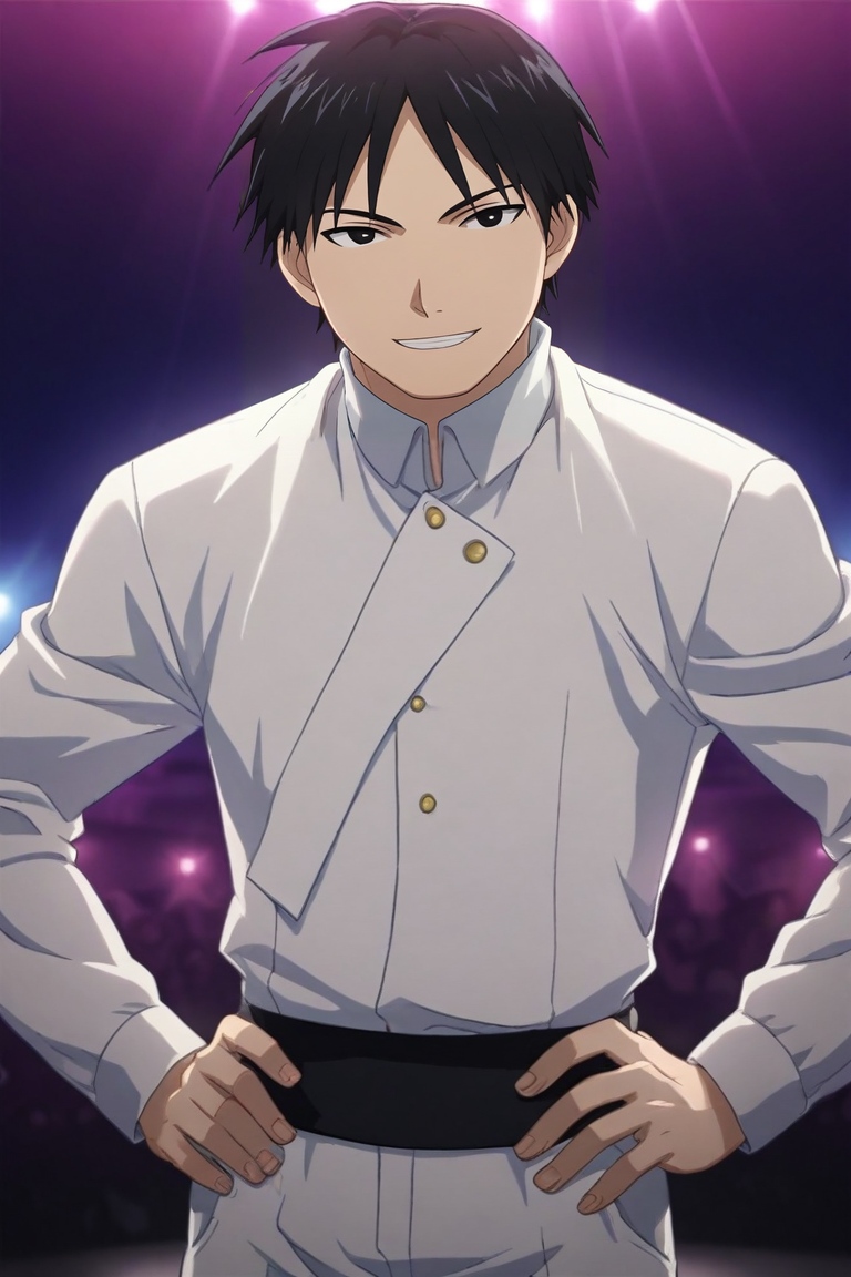score_9, score_8_up, score_7_up, source_anime, rating_safe, intricate details, , looking at viewer, depth of field, 1boy, solo, male focus, <lora:roy_mustang_pony:0.84>, roy_mustang, black hair, black eyes, close-up, concert, midnight, hand on hip, smile, , <lora:sdxl_lightning_8step_lora:1>