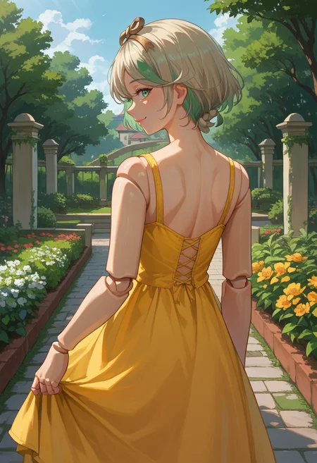 score_9, score_8_up, source_anime, 1girl, solo, CeciliaImmergreen, hair ornament, doll joints, short hair, braid, from behind, yellow sundress, garden, day, sunshine, smile, looking back, <lora:ChamCeciliaImmergreenPonyXL:1>