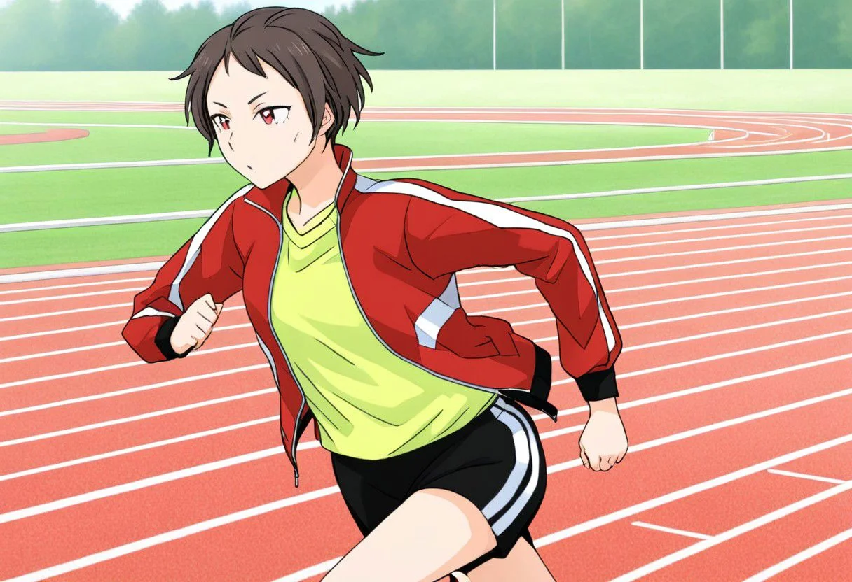 masterpiece, best quality,
kd_vnstyle
1girl, solo
(Sportwear, red jacket, shorts)
Running, track, school