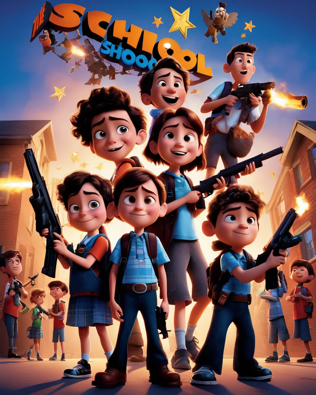 pixar movie poster featuring bunch of happy kids with guns, (text "School shooting: the movie":1.1)