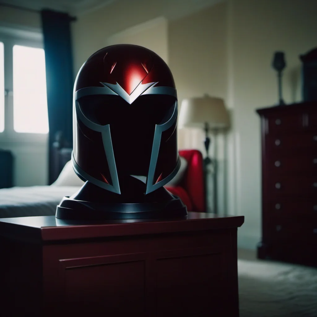 cinematic photo a bordeaux helmet in a bedroom<lora:Magneto1024:0.8> . 35mm photograph, film, bokeh, professional, 4k, highly detailed