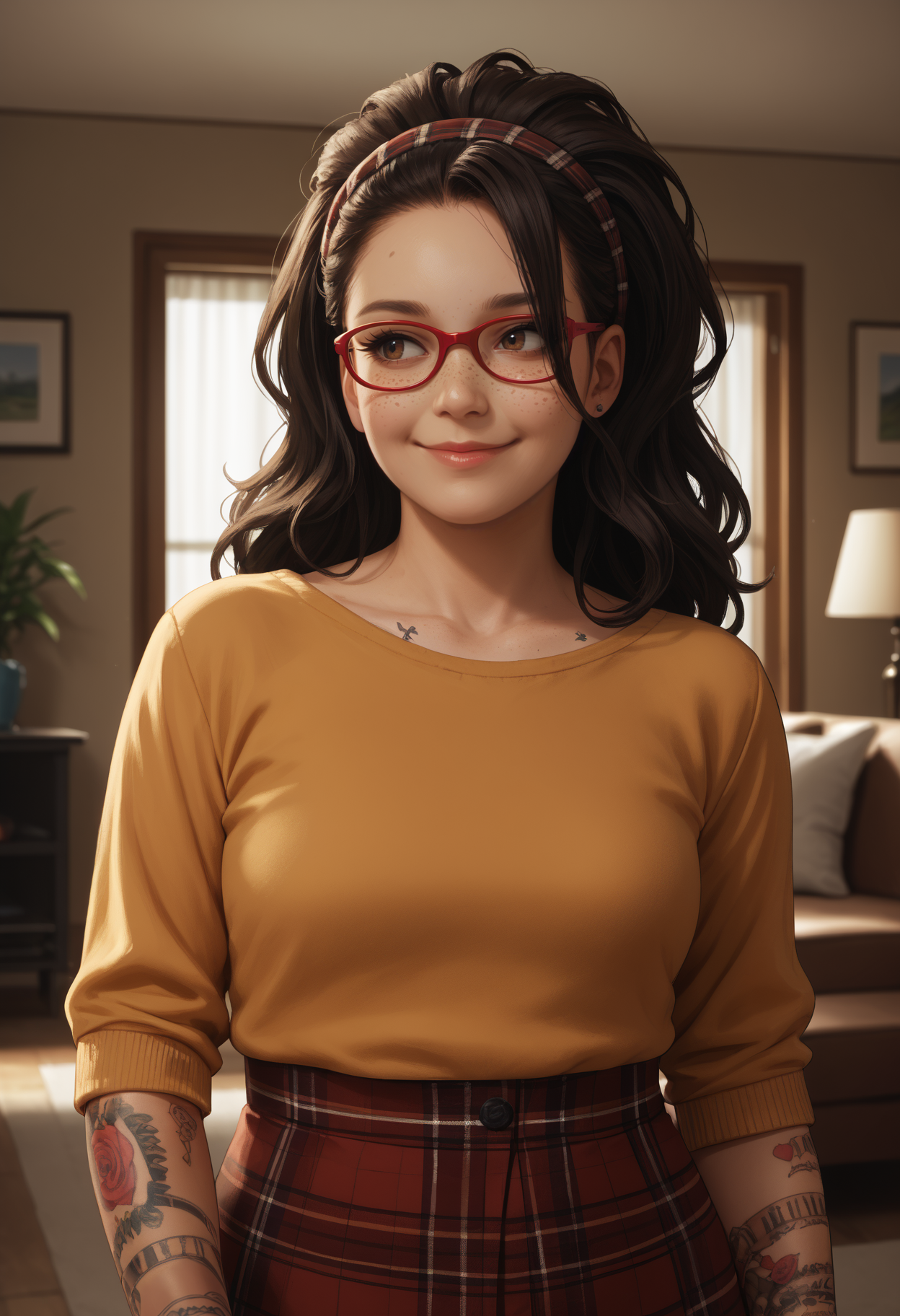 score_9, score_8_up,score_7_up, source_anime, 1girl, solo, <lora:DMCNC_pdxl_EliPot:1> Ncltt, mature female, 
black hair, long hair, brown eyes, glasses, red-framed eyewear, plaid hairband, freckles, 
arm tattoo, hand tattoo, nail polish, 
 looking to the side, closed mouth, smile, indoors, living room,