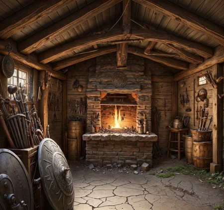 RAW photo, (masterpiece:1.3), subsurface scattering, heavy shadow, (high quality:1.4), (intricate, high detail:1.2), professional photography, HDR, High Dynamic Range, realistic, ultra realistic, photorealistic, high resolution, film photography, ambient lighting, atmospheric effects, <lora:detail_slider_v4:2>, OverallDetail, a medieval fantasy smithy, forge, weapon, armory, a dwarf working on a weapon,  <lora:Fantasy_Interior:0.8>, faninter, epiCPhoto