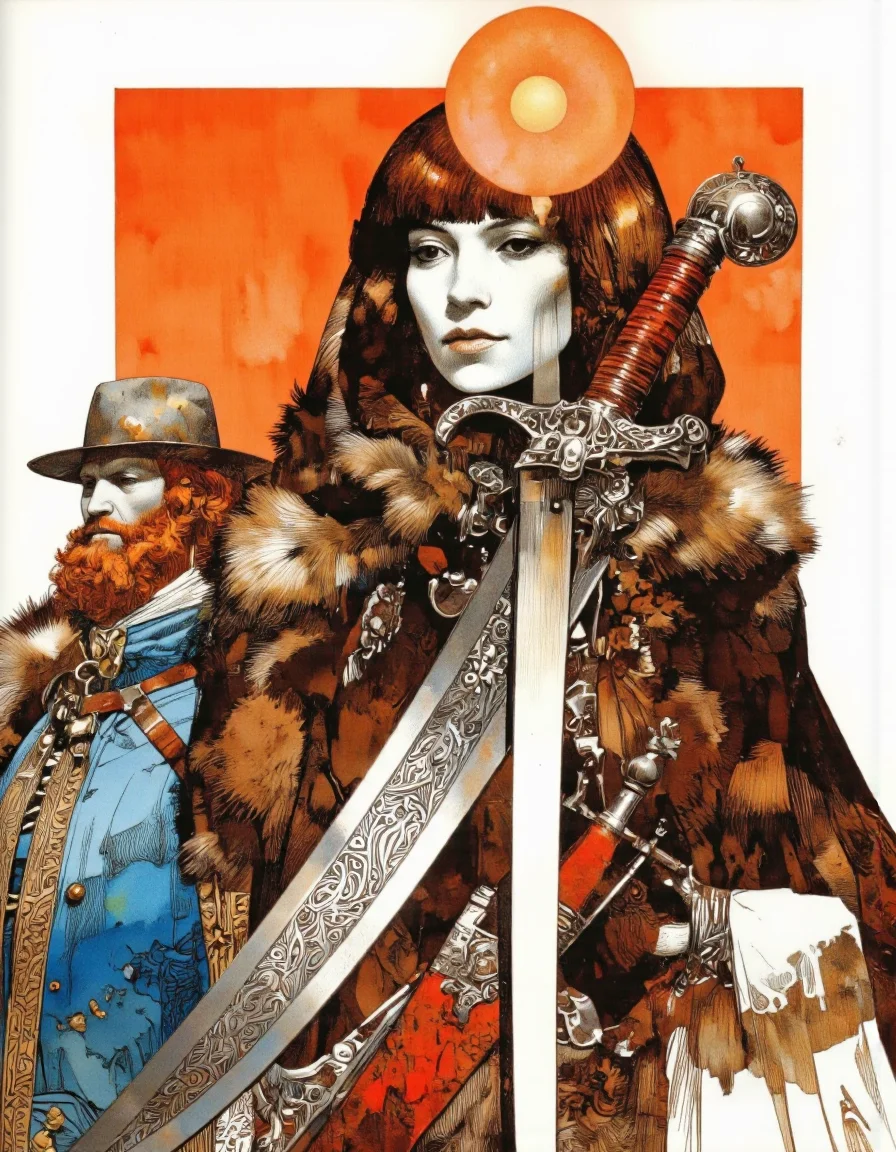 Art by Sergio Toppi. A high quality digital drawing in a comic book style, depicting two figures. The central subject has a serene, almost ethereal face, adorned with a fur hat and cape. The figure's skin is a pale, almost ghostly white. A large sword and dagger are depicted superimposed over the central figure. The sword is positioned diagonally across his chest, the blade extending downward. The sword has a red wooden hilt. The dagger is decorated with intricate silver patterns and its scabbard appears to be made of red leather. Above the figure's head is a glowing orange orb, adding a mystical element to the composition.
To the left of the central figure is the second figure, who wears a hat and a full red beard. He wears a fur cape and a blue vest with elaborate ornamental patterns.
The background is minimalist, consisting of a solid orange rectangle that contrasts sharply with the figures and the white background. The lighting is soft and even, highlighting the textures of the fur and the metallic sheen of the sword. The composition follows the rule of thirds, creating a dynamic balance.
The aesthetic quality of the image is very high, with meticulous attention to detail and a harmonious color palette. The textures of the fur, fabric, and metal are rendered with remarkable precision, contributing to the overall sophistication of the piece. The artist's signature, "Toppi", is visible.