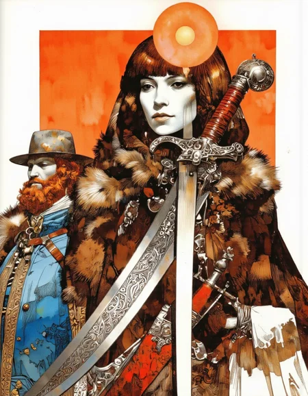 Art by Sergio Toppi. A high quality digital drawing in a comic book style, depicting two figures. The central subject has a serene, almost ethereal face, adorned with a fur hat and cape. The figure's skin is a pale, almost ghostly white. A large sword and dagger are depicted superimposed over the central figure. The sword is positioned diagonally across his chest, the blade extending downward. The sword has a red wooden hilt. The dagger is decorated with intricate silver patterns and its scabbard appears to be made of red leather. Above the figure's head is a glowing orange orb, adding a mystical element to the composition.
To the left of the central figure is the second figure, who wears a hat and a full red beard. He wears a fur cape and a blue vest with elaborate ornamental patterns.
The background is minimalist, consisting of a solid orange rectangle that contrasts sharply with the figures and the white background. The lighting is soft and even, highlighting the textures of the fur and the metallic sheen of the sword. The composition follows the rule of thirds, creating a dynamic balance.
The aesthetic quality of the image is very high, with meticulous attention to detail and a harmonious color palette. The textures of the fur, fabric, and metal are rendered with remarkable precision, contributing to the overall sophistication of the piece. The artist's signature, "Toppi", is visible.