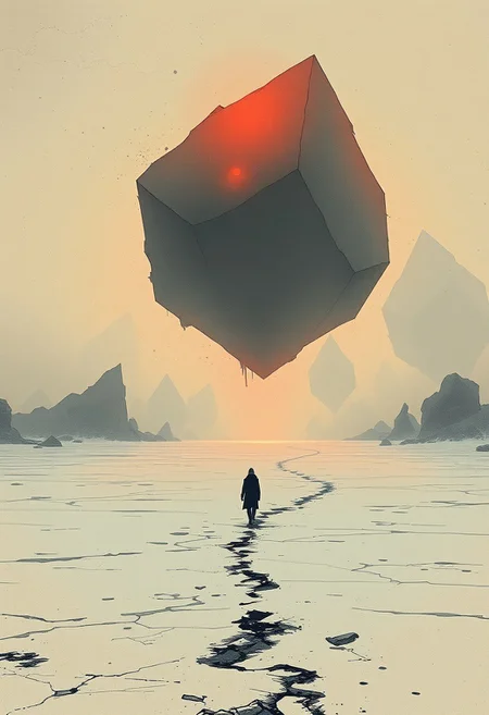 A lone figure walking across an icy plain, their path marked by large, floating geometric forms that glow softly in the twilight, surreal ink fantasy illustration, intricate fine-line details, rich cinematic lighting, organic textures merging with figures, muted earthy tones with glowing red and gold highlights, dreamlike psychological atmosphere, dark fantasy storytelling, ethereal supernatural elements, negative space blending into surreal backgrounds