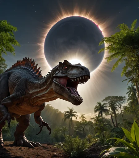 <lora:3cl1p53_01XL-000008:1.1>,(3cl1p53 style),a RAW photograph of (3cl1p53 eclipse:0.9) (rising in the sky),high above a (tyrannosaurus dinosaur) in a jungle at night,surrounded by bright solar corona,HDR,(wide angle shot),sharp focus,(highly detailed),(8k wallpaper),intricately detailed,highres,absurdres,hyper realistic,8K UHD DSLR,IMAX,extremely intricate,4k textures,cinematic look),hyperdetailed