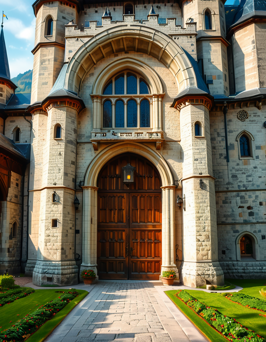 A highly detailed and realistic photograph of the massive entrance door of a medieval castle. The heavy wooden door is reinforced with large iron studs and intricate metalwork, set within a grand stone archway. The aged stone walls surrounding the entrance are weathered, covered in patches of moss and ivy, giving a sense of ancient history.
The cobblestone pathway leading to the door is slightly worn, with scattered fallen leaves and small tufts of grass growing between the stones. Above the entrance, a small, narrow window or arrow slit adds to the castleâs defensive design. The scene is illuminated by soft, natural light, casting shadows that highlight the textures of the stone and wood. The atmosphere is mysterious and majestic, evoking a sense of medieval grandeur.
<lora:SDXLFaeTastic2400:0.4> <lora:extremely_detailed:0.4> extremely detailed,  <lora:medieval_c4stl3_d00r:1>,medieval c4stl3 d00r, Masterpiece,best quality,hi res,8k,hi res,8k,award winning,(sharp focus, intricate, highly detailed),