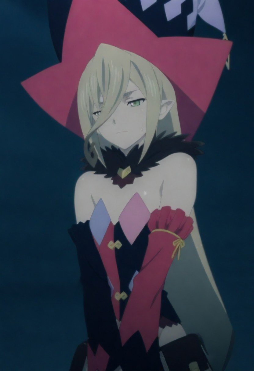 masterpiece, best quality, amazing quality,,, shiny skin,,,,,, <lora:Magilou_Tales_of_Berseria:.8> Magilou (character), 1girl, pink sleeves, solo, black sleeves, hat, green eyes, long hair, detached sleeves, mismatched sleeves, blonde hair, asymmetrical sleeves, very long hair, witch hat, pointy ears,