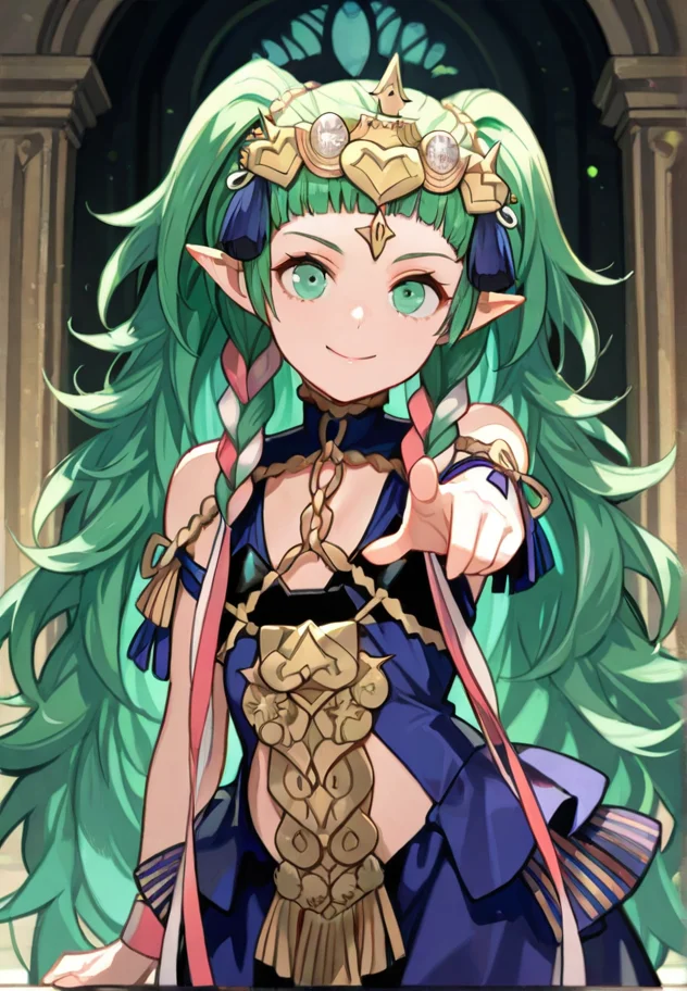 masterpiece, best quality, amazing quality, very aesthetic, absurdres, newest, detailed background, cowboy shot,
sothis, 1girl, ribbon braid, green hair, pointy ears, braid, solo, green eyes, long hair, twin braids, tiara, smile, ribbon, hair ribbon, closed mouth, side braid, upper body, hair ornament, looking at viewer, pointing at viewer,
<lora:Sothis_-_Fire_Emblem_Three_Houses:1>, masterpiece, best quality, amazing quality, very aesthetic, absurdres, newest,