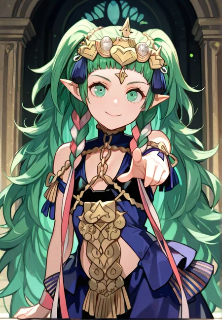 masterpiece, best quality, amazing quality, very aesthetic, absurdres, newest, detailed background, cowboy shot,
sothis, 1girl, ribbon braid, green hair, pointy ears, braid, solo, green eyes, long hair, twin braids, tiara, smile, ribbon, hair ribbon, closed mouth, side braid, upper body, hair ornament, looking at viewer, pointing at viewer,
<lora:Sothis_-_Fire_Emblem_Three_Houses:1>, masterpiece, best quality, amazing quality, very aesthetic, absurdres, newest,