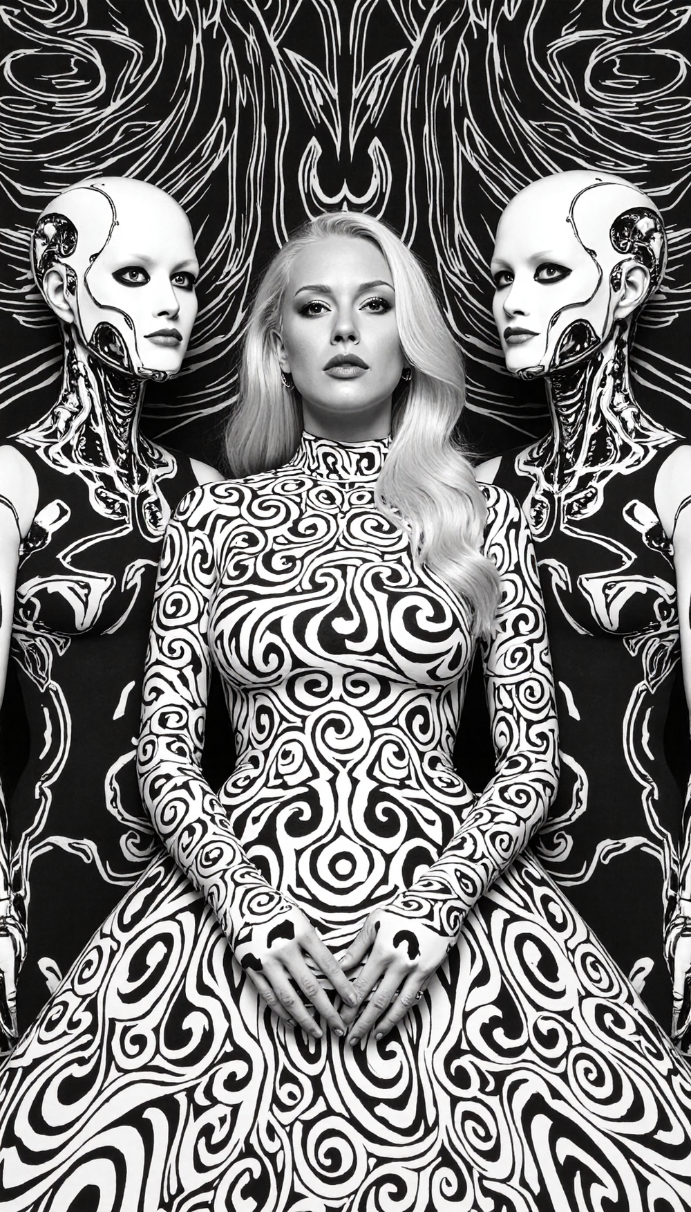 A hypeA hyper-realistic portrait with a surreal, moody analog photography aesthetic, crafted as a monochrome line artwork of unbroken, bold, thick lines. The focal point is an African woman with albinism, her ghostly pale skin, white flowing hair, and striking pale eyes exposed without a mask, integrated into the hypnotic linework. Her curvaceous form is adorned with an intricate, high-collared gown that merges with the flowing lines, ensuring modesty. Cyborg companions, their unmasked faces displaying angular cybernetic enhancements and glowing optic lenses, wear sleek, cybernetic suits. The lines twist into intricate patterns, forming an optical illusion that exudes surreal elegance. The 16K composition, in bold black and white, captivates with cinematic intricacy. <lora:KB_Kentmere400_FLUX:0.05> <lora:NAI_Flux1._D_-_The_Edgy_Mech_NAi_v3.0_robot_cyberpunk:0.45>
