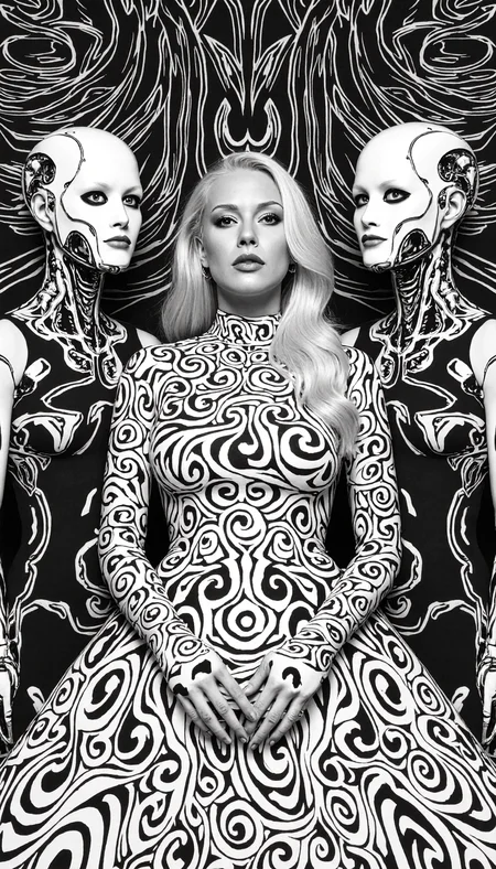 A hypeA hyper-realistic portrait with a surreal, moody analog photography aesthetic, crafted as a monochrome line artwork of unbroken, bold, thick lines. The focal point is an African woman with albinism, her ghostly pale skin, white flowing hair, and striking pale eyes exposed without a mask, integrated into the hypnotic linework. Her curvaceous form is adorned with an intricate, high-collared gown that merges with the flowing lines, ensuring modesty. Cyborg companions, their unmasked faces displaying angular cybernetic enhancements and glowing optic lenses, wear sleek, cybernetic suits. The lines twist into intricate patterns, forming an optical illusion that exudes surreal elegance. The 16K composition, in bold black and white, captivates with cinematic intricacy. <lora:KB_Kentmere400_FLUX:0.05> <lora:NAI_Flux1._D_-_The_Edgy_Mech_NAi_v3.0_robot_cyberpunk:0.45>