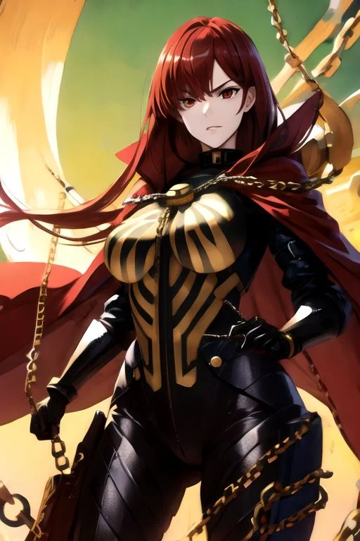 solo_focus, 1girl, (((masterpiece))), ((best quality)), ((ultra-detailed)), high resolution, absurdres, highres, ultra-detailed 8k unity wallpaper,
oda_biig,large breasts,red eyes,black bodysuit,red hair,chain,collared cape,