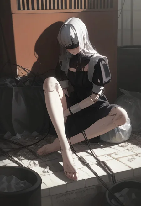 abbystea style, detailed,masterpiece,score_9,score_8_up,score_7_up,score_6_up,1girl,female, solo,anime,white hair, long hair,blue eyes,metal skin,wire,(cracked skin),melancholy,joints,android,mechanical parts,dark,sitting,trash bag,trash,slums,dirty,clutter,sad,barefoot,poverty,catharsis,cracked face, fullbody, sunlight,black dress, maid outfit, puffy sleeves,source_anime, outdoors, sad face, close up, ripped clothes, large breasts, hands, wires, clothing cutout, postapocalypse, greenery, covered eyes, blindfold