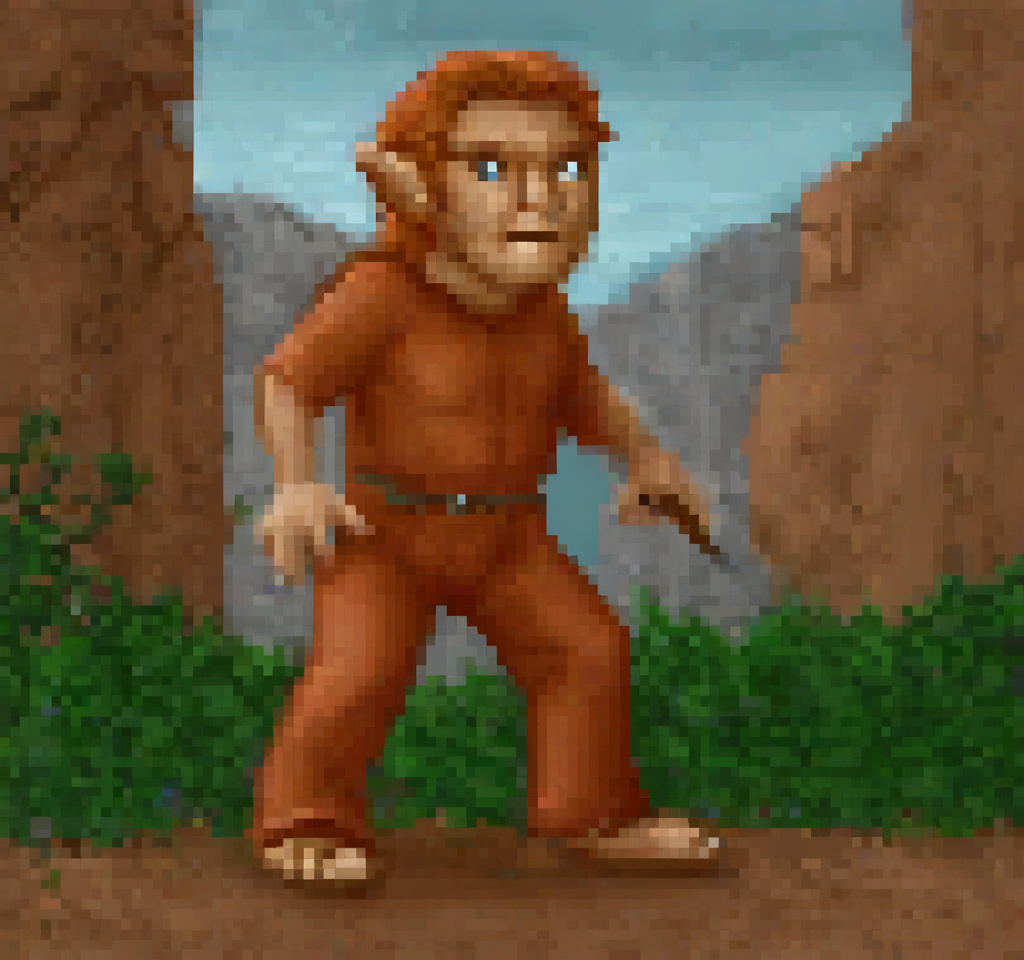 cinematic still Original HoMM2 style full-height Halfling creature on a wizard faction background . emotional, harmonious, vignette, 4k epic detailed, shot on kodak, 35mm photo, sharp focus, high budget, cinemascope, moody, epic, gorgeous, film grain, grainy, wizard creature, wizard faction creature, wizard background, wizard faction background, stormy rocky canyon landscape, rugged red rock formations, full-height, full-height character, side view, halfling, hobbit, sling, slingshot, brown shirt, orange pants, bare feet, brown hair, level 1 creature, tier 1 creature, small size type, ranged attack type, ground movement type, original HoMM2 style, HoMM2, HoMM2 style, Heroes of Might and Magic 2, by Tracy Iwata, pixel art, 8-bit, creature, original, Original HoMM2 style full-height Halfling creature on a wizard faction background, light, magic, great composition, intricate, elegant, sharp focus, cinematic color, highly detailed, professional still, stunning, inspiring, attractive, depicted, cute, creative, artistic, imposing, perfect, illuminated, best, dramatic, beautiful, deep colors, inspired, peaceful, innocent