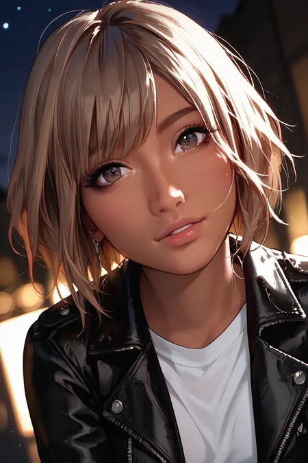 score_8_up, score_7_up , score_9, 1girl, AIKA, solo,intense blonde hair, bob hairstyle, grey hazel eyes, eyebrows, tanned skin, dynamic lighting, leather jacket, white shirt, jeans, standing, dynamic angle, night, (face close-up:1.4),leaning, <lora:Smooth Style 2 SDXL_LoRA_Pony Diffusion V6 XL:0.25>, <lora:Expressive_H:0.85>, <lora:g0th1cPXL:0.4>, <lora:incase-ilff-v3-4:0.25>, <lora:aika_v1:0.7>