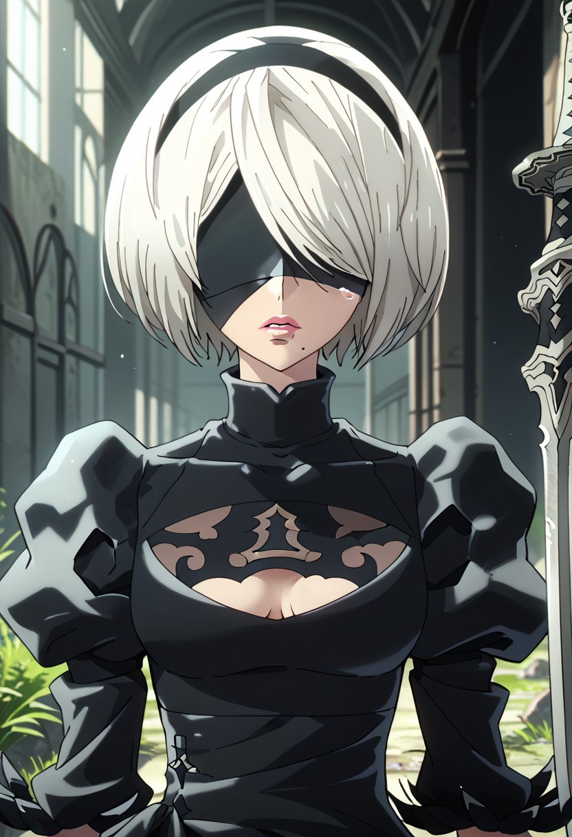 score_9,score_8_up,score_7_up,source_anime, YORHA_NO.2_TYPE_B,1girl,solo,looking at viewer,short hair,blue eyes,long sleeves,gloves,dress,hat,upper body,white hair,weapon,hairband,parted lips,black gloves,hand up,sword,tears,mole,hair over one eye,black dress,aqua eyes,lips,turtleneck,black hairband,crying,katana,mole under mouth,one eye covered,pink lips,blindfold,weapon on back,black blindfold,
