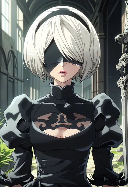 score_9,score_8_up,score_7_up,source_anime, YORHA_NO.2_TYPE_B,1girl,solo,looking at viewer,short hair,blue eyes,long sleeves,gloves,dress,hat,upper body,white hair,weapon,hairband,parted lips,black gloves,hand up,sword,tears,mole,hair over one eye,black dress,aqua eyes,lips,turtleneck,black hairband,crying,katana,mole under mouth,one eye covered,pink lips,blindfold,weapon on back,black blindfold,