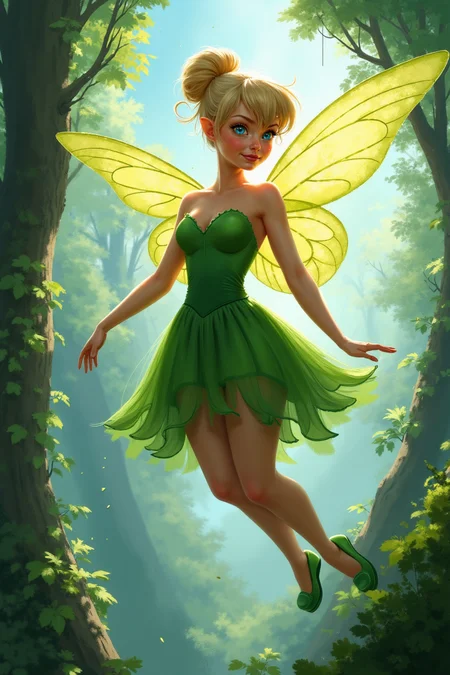 oil on canvas, impressionist tendencies, A highly detailed digital illustration of TinkerWaifu, fairy wings, blue eyes, green dress, sexy, hair bun,, magic particles, captured in high detail, flying in the forest, sky