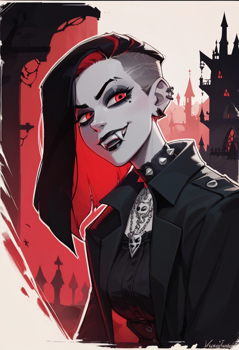score_9, score_8_up,  score_8_up,  sexy woman,   vampires, intricate outfit, bobcat hairstyle,  black coat,  fangs, smug,  gothic atmosphere, crows, dark castle, outdoors,  black colors, red colors, detailed background,  simple shadows, flat coloring, flat shadows, thick lines, white outline,