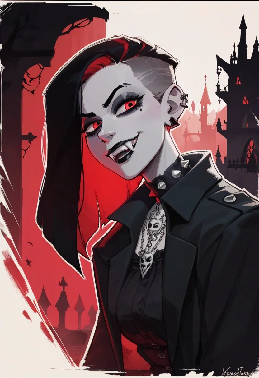 score_9, score_8_up, score_8_up, sexy woman, vampires, intricate outfit, bobcat hairstyle, black coat, fangs, smug, gothic atmosphere, crows, dark castle, outdoors, black colors, red colors, detailed background, simple shadows, flat coloring, flat shadows, thick lines, white outline,