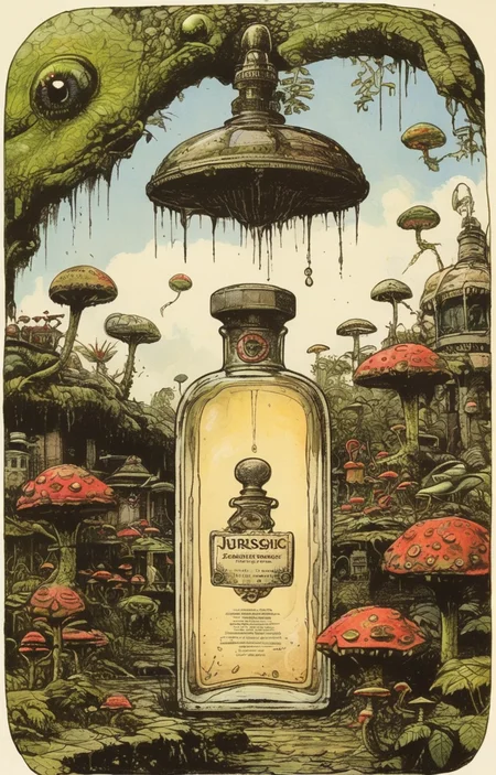 masterpiece,best quality,<lora:tbh275-sdxl:0.9>,illustration,style of William Stout,jurassic park, A bottle of perfume in garden
