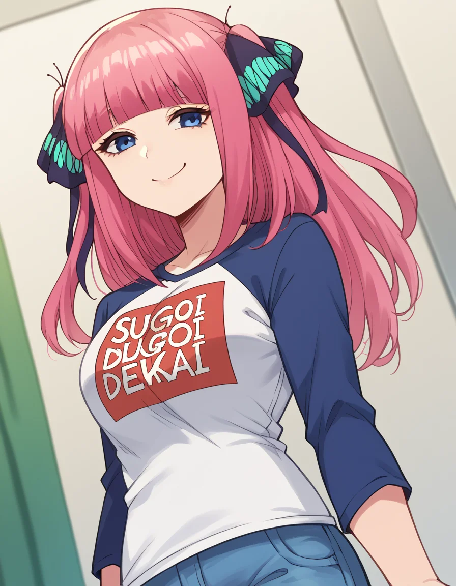 score_9, score_8_up, score_7_up, source_anime, <lora:nnakano-s1-ponyxl-lora-nochekaiser:1>, short hair, bangs, blue eyes, hair ornament, hair ribbon, pink hair, blunt bangs, two side up, butterfly hair ornament, mature female,, <lora:sugoi-dekai-ponyxl-lora-nochekaiser:1>, sugoi dekai, clothes writing, raglan sleeves, t-shirt, denim, denim skirt,, indoors, smile, smug,, cowboy shot, dutch angle,