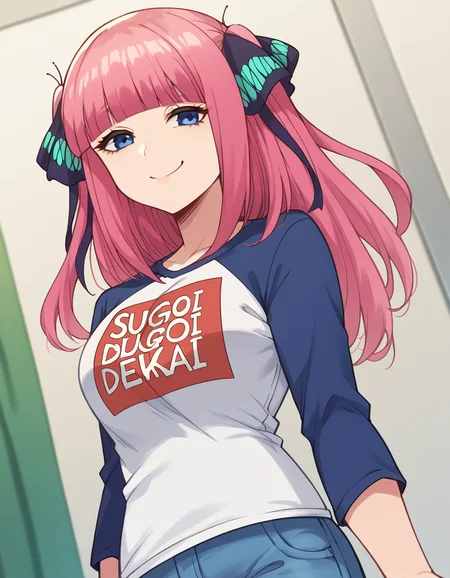 score_9, score_8_up, score_7_up, source_anime, <lora:nnakano-s1-ponyxl-lora-nochekaiser:1>, short hair, bangs, blue eyes, hair ornament, hair ribbon, pink hair, blunt bangs, two side up, butterfly hair ornament, mature female,, <lora:sugoi-dekai-ponyxl-lora-nochekaiser:1>, sugoi dekai, clothes writing, raglan sleeves, t-shirt, denim, denim skirt,, indoors, smile, smug,, cowboy shot, dutch angle,