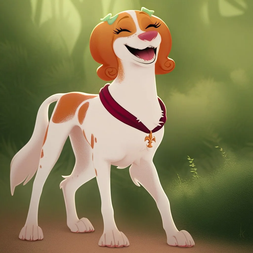 score_9, score_8_up, score_7_up, score_6_up, source_furry, source_cartoon, best quality, masterpiece, absurdres, 
1girl, solo, tanebl, spaniel, female, feral, dog, 
green bow, closed eyes, freckles, laughing, smile, 
standing, full body, red collar, pendant,
outside, forest