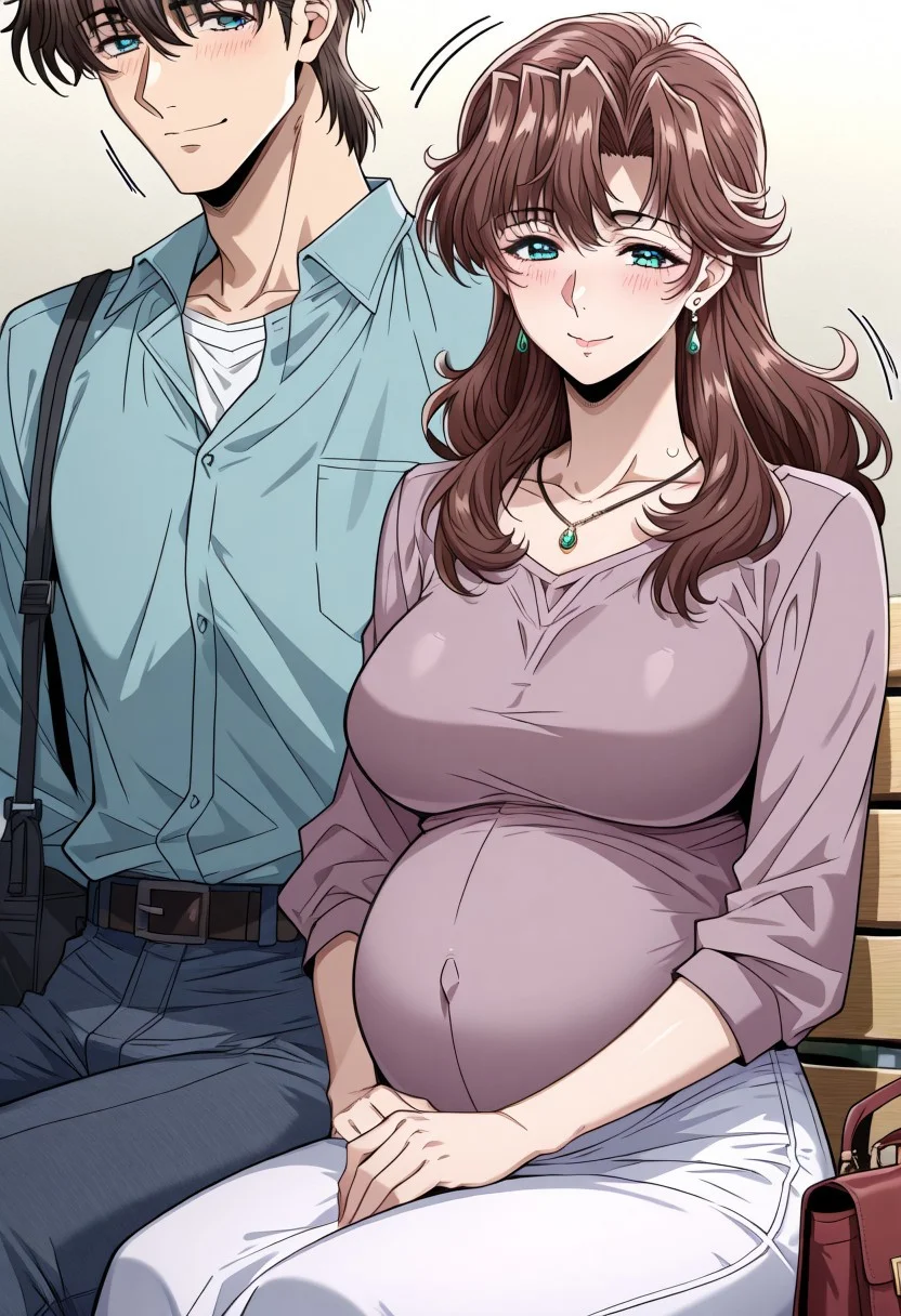 masterpiece, best quality, newest, highres, uncensored, 1girl, yokota mamoru style,1girl, slender face，motion lines,blush
Zeroshiki Makoto,Brown Hair, Long Hair, Parted in Middle,Teal Eyes,Pendant Earrings, Pendant Necklace
pregnant, 1girl, family, 1boy, mature female, bench, blush, smile, bag, sitting