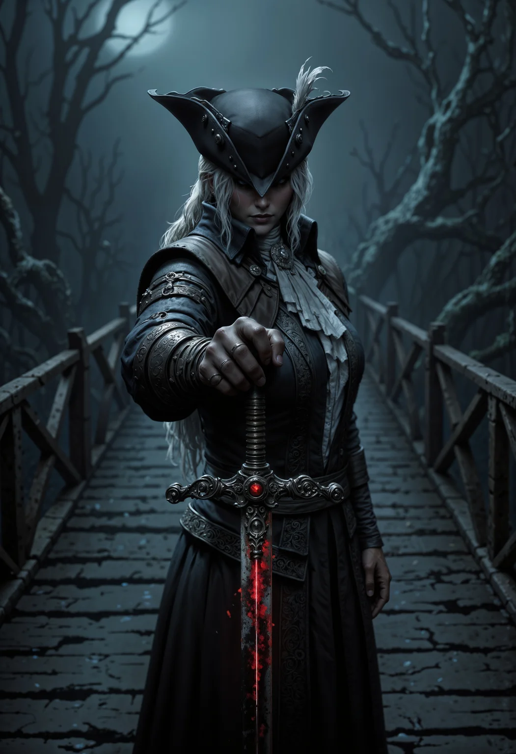 the beautiful Lady Maria, draped in tattered, dark coat that pulses with a faint, eerie glow, stands on a creaking wooden bridge. She points the tip of a bloody, rune-etched sword menacingly at the camera, the blade crackling with dark energy. Shadows swirl around her, and the misty air is thick with tension. her silver hair fall from her hat on her eyes, reflecting the bridge's warped, splintered planks, over the sword camera view <lora:FluxLadyMaria:1> <lora:FluxMythP0rtr4itStyle:0.7> mythp0rt