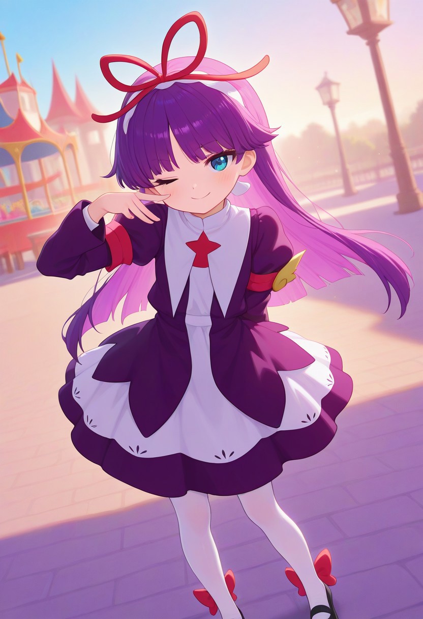 <lora:PFeli_SDXL_Illustrious01_fp16_ver01:1>,PFeli, 1girl, long hair,purple hair, white pantyhose, dress,red ribbon, blue eyes, black footwear, long sleeves, red bow, hairband, cute pose, smile, wink, standing, amusement park, look at viewer, lovely, cute, adorable, newest, masterpiece, best quality, very aesthetic, absurdres,<lora:detailed_hands:1>,hand