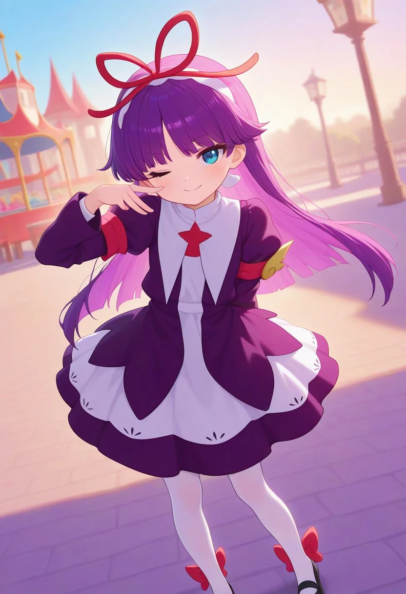 <lora:PFeli_SDXL_Illustrious01_fp16_ver01:1>,PFeli, 1girl, long hair,purple hair, white pantyhose, dress,red ribbon, blue eyes, black footwear, long sleeves, red bow, hairband, cute pose, smile, wink, standing, amusement park, look at viewer, lovely, cute, adorable, newest, masterpiece, best quality, very aesthetic, absurdres,<lora:detailed_hands:1>,hand