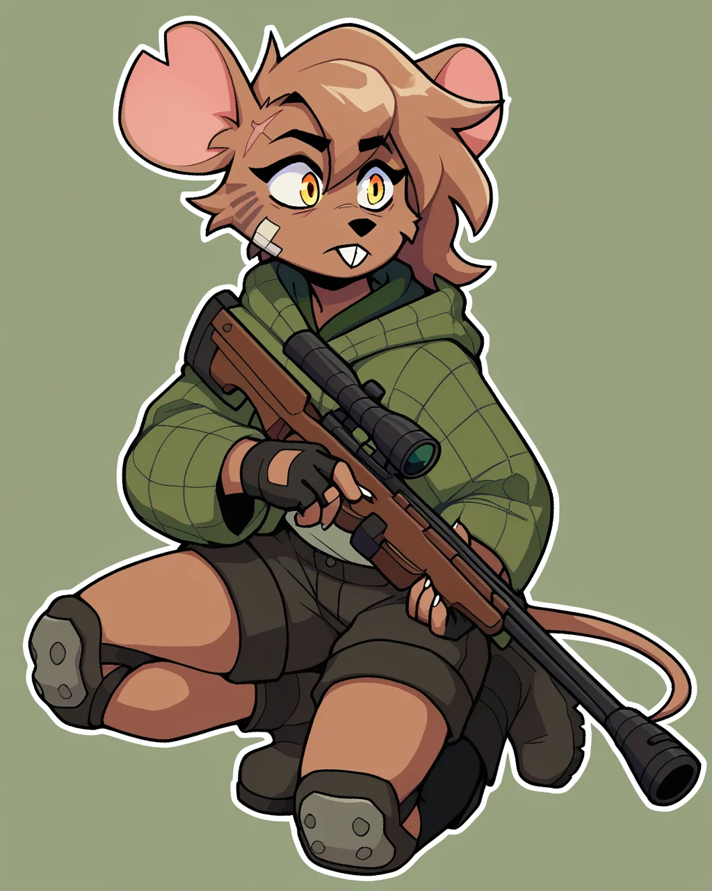 score_9_up, score_8_up, score_7_up, score_6_up, by remanedur, female, mouse, yellow eyes, facial scar,  bandaid on face, notched ear,  face paint, brown hair, tail, brown fur, boots, black shorts, green jacket, buckteeth, single knee pad, single thighhigh, fingerless gloves, cargo shorts, holding gun, ranged weapon, rifle, green hoodie, solo, open jacket, three-quarter view, simple background, white outline, <lora:Leah_Pines(AIM)_XL_v1:0.15> <lora:PDXL_artist_tags_v2_big:0.5> <lora:The-Minuscule-Task_PDXL_v1.0:0.6>  <lora:Leah_Pines_v2_WirelessShiba:0.7>