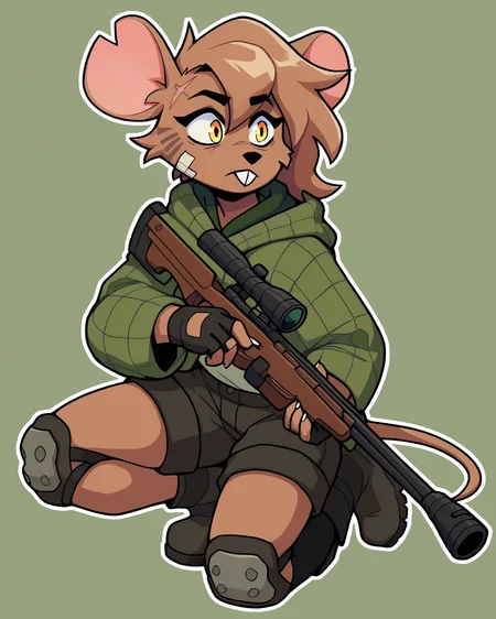 score_9_up, score_8_up, score_7_up, score_6_up, by remanedur, female, mouse, yellow eyes, facial scar, bandaid on face, notched ear, face paint, brown hair, tail, brown fur, boots, black shorts, green jacket, buckteeth, single knee pad, single thighhigh, fingerless gloves, cargo shorts, holding gun, ranged weapon, rifle, green hoodie, solo, open jacket, three-quarter view, simple background, white outline, <lora:Leah_Pines(AIM)_XL_v1:0.15> <lora:PDXL_artist_tags_v2_big:0.5> <lora:The-Minuscule-Task_PDXL_v1.0:0.6> <lora:Leah_Pines_v2_WirelessShiba:0.7>