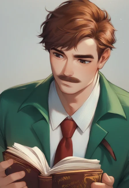 score_9, score_8_up, score_7_up, score_6_up, score_5_up, score_4_up, harvey_sdv, 1boy, solo, holding book, brown hair, red necktie, reading, collared shirt, white shirt, short hair, upper body, green jacket, brown eyes, bangs, portrait <lora:Harvey_SDV-Pony-XL-v6:1>