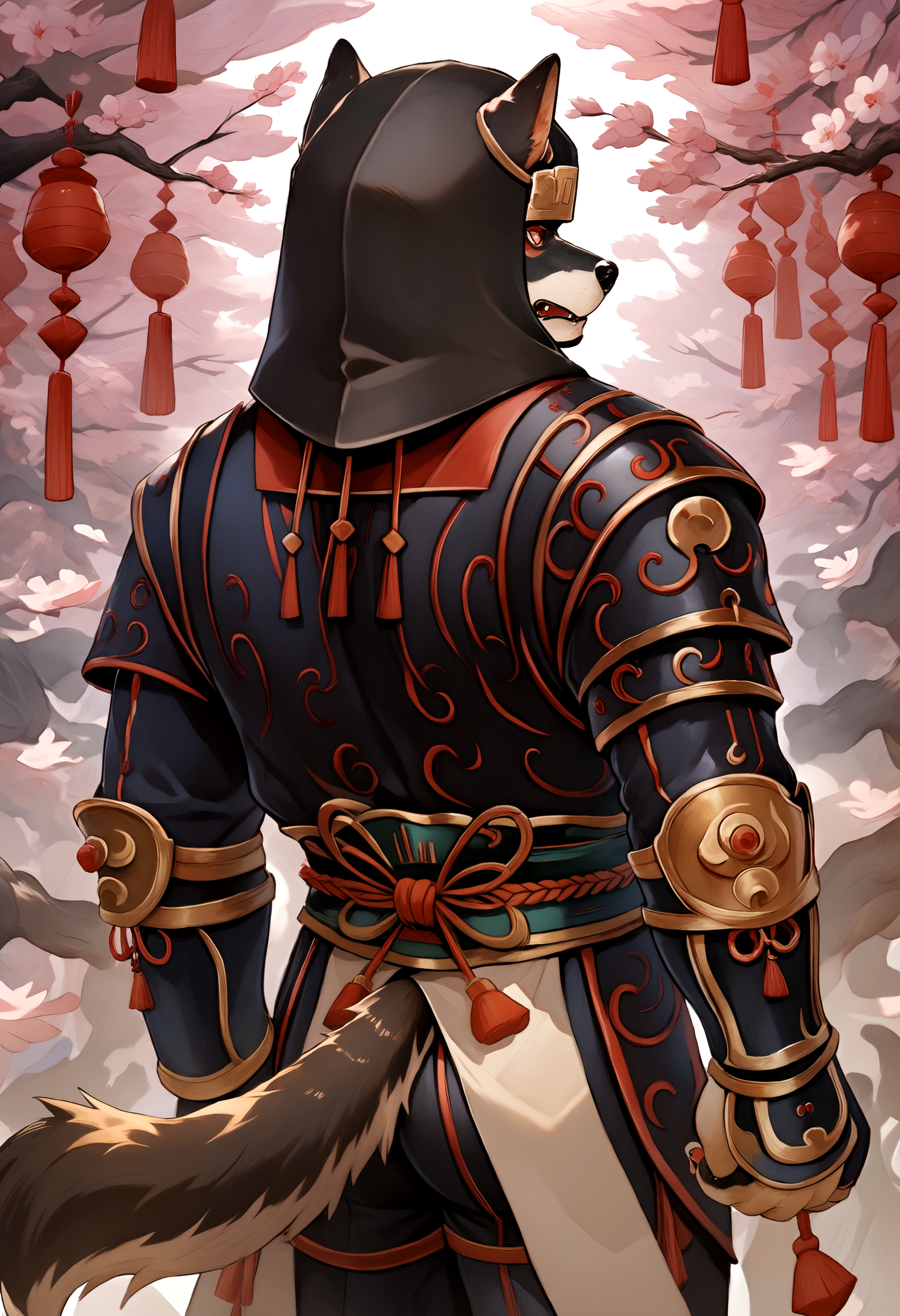 score_9, score_8_up, score_7_up, 8k, detailed design, detailed background, detailed characters, masterpiece, anthro only, furry only,  <lora:HanzoAnother_Eidos-000001>, Hanzo, 1boy, red eyes, dog boy, furry male, dog ears, hood, armor, japanese clothes, dog tail, japanese armor, standing, ass, back, revealing,