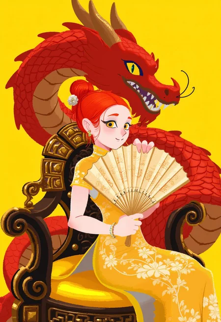 ((flat color, no lineart)) A digital illustration, art by torikun, of a woman with pale skin and red hair styled in an intricate updo, wearing a traditional Chinese qipao dress with gold embroidery and yellow accents, sitting on an ornate throne. She holds a large, intricately designed fan in her right hand, which is partially open, revealing the delicate patterns on the inside. The throne is made of dark wood with gold details, and she sits on a yellow cushion. Behind her, a large, menacing red dragon with yellow eyes and golden horns wraps its body around the throne, its head looming over her. The background is a solid, vivid yellow, enhancing the dramatic and regal atmosphere of the scene. The woman's expression is calm and composed, with her lips painted a deep yellow, matching the yellow accents on her dress. The dragon's scales are detailed and textured, giving a sense of depth and realism. The overall style is highly detailed and realistic, with a focus on intricate patterns and textures. The lighting is soft, with shadows adding depth to the scene. The woman's dress and the dragon's scales are highlighted with a warm, golden glow, while the yellow background provides a stark contrast. The image conveys a sense of power, elegance, and mystique, blending traditional Chinese elements with a fantastical dragon motif. The woman's serene expression contrasts with the intimidating presence of the dragon, suggesting a balance of power and grace.