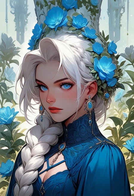 Larocca Art Style, 1girl, solo, blue eyes, braid, long hair, hair ornament, eyelashes, hair flower, flower, earrings, jewelry, white hair, single braid, lips, hair over shoulder, blue dress, cleavage cutout, victorian theme, long sleeves, beautiful, sexy, looking at viewer, looking at viewer, upper body, vibrant colors, PonyXLV6_Scores , PnyCmicXLPOS,