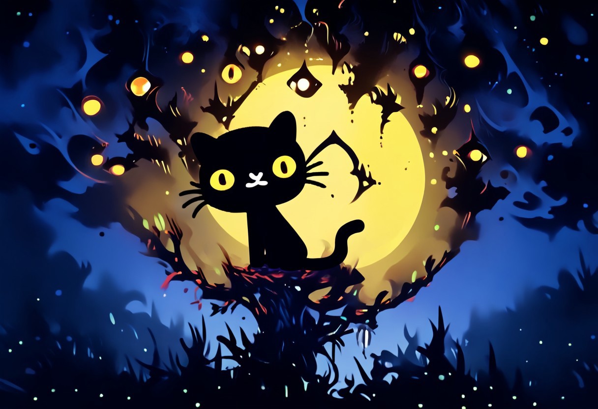 score_9,score_8,score_7,high quality, highres, high resolution, dark lighting, sitting, mio_pucca, black cat, cat, black body, tail, cat, black cat, solo, 1boy, :3, yellow sclera, yellow eyes, european village, at night, moon, looking at viewer, starry sky, unholy, green and purple, occultoculi,, 1gothic1, red