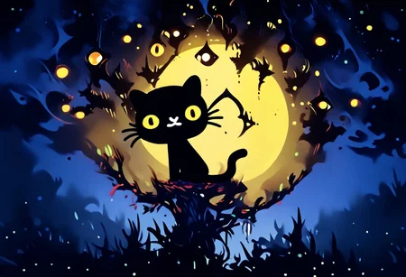 score_9,score_8,score_7,high quality, highres, high resolution, dark lighting, sitting, mio_pucca, black cat, cat, black body, tail, cat, black cat, solo, 1boy, :3, yellow sclera, yellow eyes, european village, at night, moon, looking at viewer, starry sky, unholy, green and purple, occultoculi,, 1gothic1, red