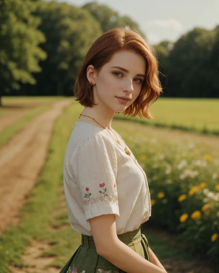 (style of Alessio Albi:1.4), Realist Portraiture, Soft Lighting, Emotional Depth, Simple Compositions, (Layered Depth, Soft focus foreground, Painted Scenery:1.1), alluring feminine physique, 24yo B34U71FU1_CA3LIA attractive irish redhead, wide cinematic establishing shot seductive young woman picnic under tree, (Layered Depth, Soft focus foreground, Painted Scenery:1.1), (bra, young adult irish redhead:1.15), short backlit hair, perfect face, thin upper lip, pouting lower lip, thin brows, small upturned nose, bow-shaped lips, large expressive almond shaped eyes, Raised Eyebrows, Focused Gaze, eager expression, quaint farm setting, (relaxed country woman), (tight unbuttoned shirt, thin material), subsurface scattering, classic cotton, soft pastel, intricate embroidery collar cuffs, rolled-up sleeves revealing sun-kissed forearms BREAK (blanket:1.15), rich textures, patchwork design, vibrant colors, detailed stitching, homely aesthetic (skirt), elegant rustic charm, subtle floral pattern, linen, sways breeze BREAK ((wildflower wreath)), crown delicate chain necklace, small, intricate pendant, heart-shaped with floral theme, glowing subtly in the soft light, ethereal quality, [lens flare glinting], (mischievous yet content expression), lush green fields in the background, (soft, sunlit ambiance), simple leather boots, carefree hair  <lora:kodak_ultramax_400:0.8> golden hour, soft golden light, pastel sky, relaxed posture, natural smile, earthy colors, candid moment, trees and flowers in background, leading lines, depth of field, slightly off-center framing, warm tones, cinematic look, natural setting, editorial style, soft textures, subtle lighting, peaceful mood
