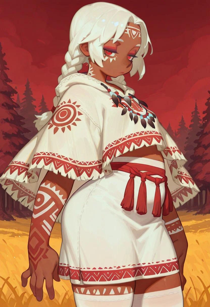 F3n6l1, masterpiece, very aesthetic, absurdres, (solo:1.5), expressive eyes, beautiful detailed eyes:1, fantasy medieval town, forest,1girl, brown skin, red eyes, red eyeliner, white hair, twin braids, low braids, native american, chubby, plump, red embroidery, red sky, texas, dark skin,cowboy shot,tribal,(tribal tattoo:1.5),white leggings,shaman, red tattoos, white poncho, long poncho, dress, white dress, exposed midriff, half-closed eyes,looking at viewer,confident pose,bodypaint, ,masterpiece,best quality,amazing quality, detailed, yellow grass, red tassels, red trimming,